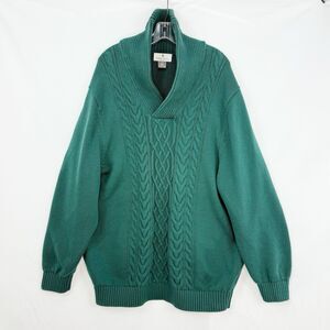 Oak Hill 3XL Green Cotton Shawl Collar Vneck Cable Knit pullover Sweater
